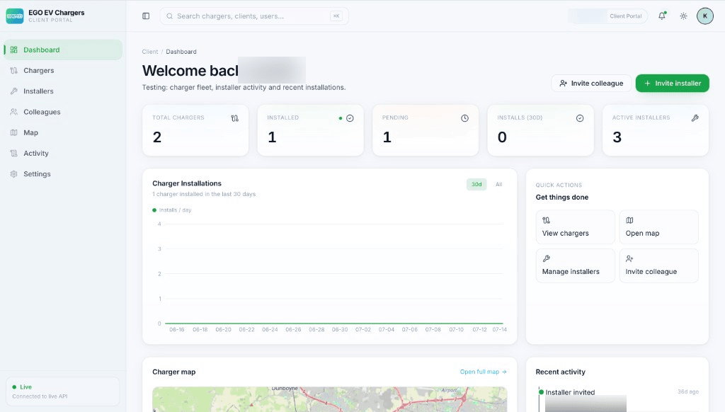 EGO Client Portal dashboard showing charger totals, installer activity, and a charger map