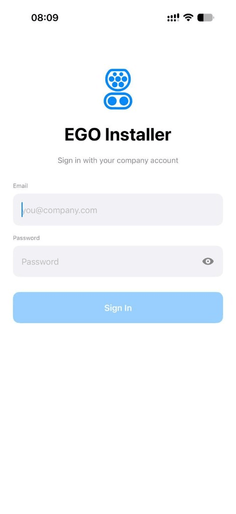 Installer Mobile App sign-in screen with company email and password fields